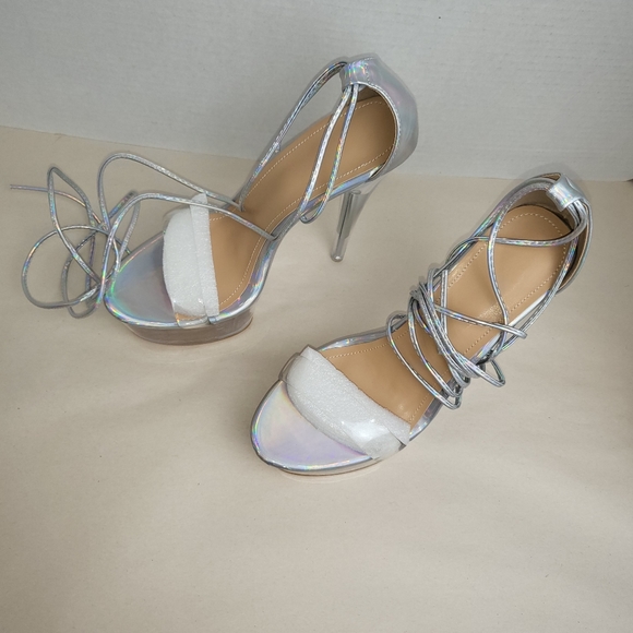 Miss Heel Silver and Clear Iridescent Lace up Platform Stiletto Size 7.5 - Picture 2 of 9